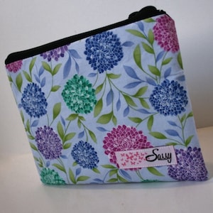 Blue Floral Makeup Bag, Medium Cosmetic Bag, Lined Make up Bag