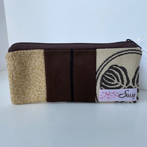 Brown Patchwork Fabric Makeup Bag, Small Size Cosmetic Bag, Travel Make up Bag, Lined Makeup Bag