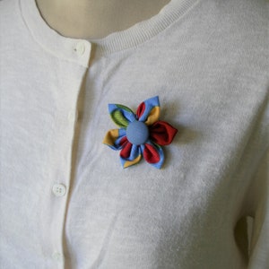 Blue and Red Themed Fabric Flower Brooch, Flower Pin - Handmade Fabric Flower
