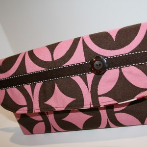 Pink and Brown Geometric Fabric Wristlet Purse, Wristlet Clutch Bag, Handmade Fabric Wristlet, iPhone Wristlet, Catey Bag