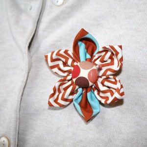Burnt Orange and Blue Fabric Flower Brooch, Flower Pin - Handmade Fabric Flower