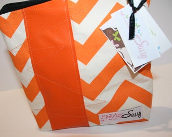 Orange Chevron Canvas Fabric Make up Bag, Large Makeup Bag, Travel Cosmetic Bag