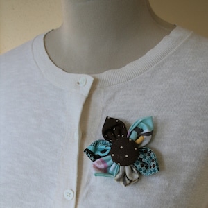 Blue and Brown Themed Fabric Flower Brooch, Flower Pin - Handmade Fabric Flower