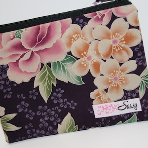 Purple Floral Fabric Cosmetic Bag, Medium Size Make up Bag, Makeup Travel Bag, Lined Makeup Bag