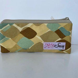 Tan Waves Canvas Fabric Makeup Bag, Small Size Cosmetic Bag, Travel Make up Bag, Lined Makeup Bag