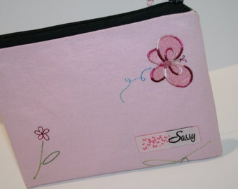 Pink Butterfly Fabric Cosmetic Bag, Medium Size Make up Bag, Makeup Travel Bag, Lined Makeup Bag