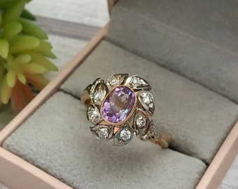 Vintage 14 ct, Gold ring Gold ring 583, with Diamonds and Amethyst