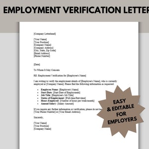 Plantilla de carta de verificación de empleo, plantilla de empleador editable, recurso de recursos humanos, verificación de trabajo, prueba de ingresos, Microsoft Word