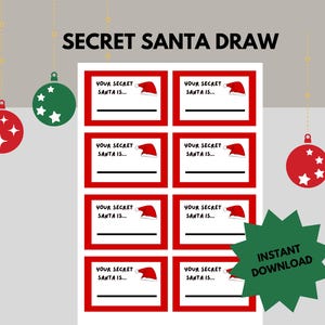Secret Santa Draw - kaarten voor kantoorfeest, afdrukbare cadeau-uitwisseling, kerstcadeau ruilen, printables kerstfeestfeestspellen,