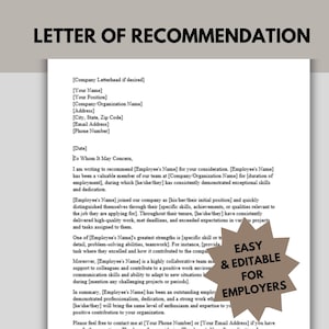 Carta de recomendación profesional, Empleadores y RR.HH., Editable, Fácil de usar, Referencia laboral, Descarga inmediata, Carta de referencia