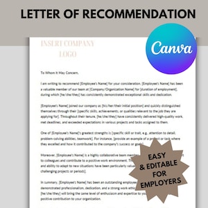 Carta de recomendación profesional, para empleadores y RR.HH., editable, fácil de usar, recomendación laboral, descarga inmediata, referencia, plantilla de Canva