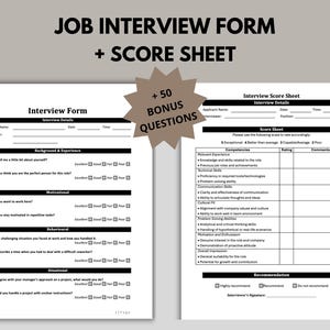 Formulario de entrevista de trabajo editable, plantilla imprimible para empleadores con preguntas de entrevista adicionales, incluye hoja de calificación de entrevista, Word y PDF