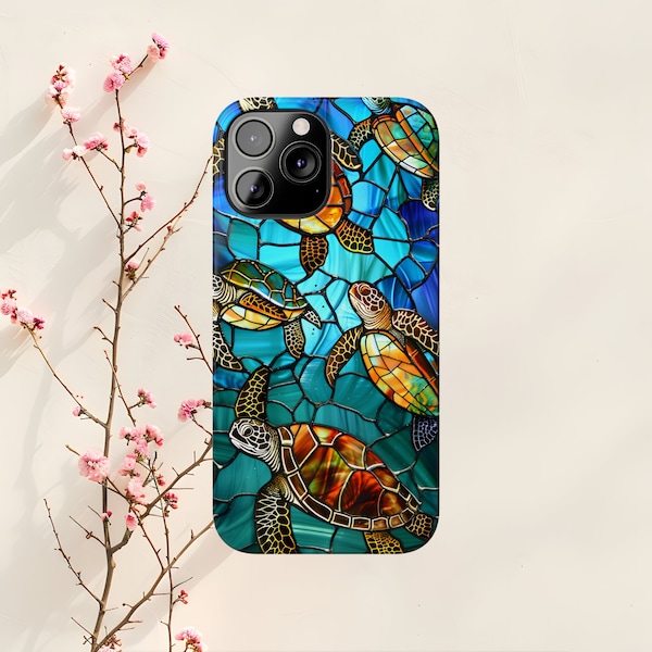 Stained Glass Turtle Pattern Digital Art Phone Case, Underwater Ocean Sea Life Aesthetic Design for iPhone 15 14 13 12 Pro Max Mini Plus