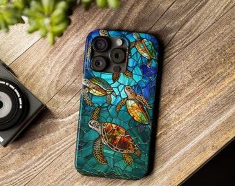 Stained Glass Turtle Pattern Digital Art Tough Phone Case, Underwater Ocean Sea Life Colorful Design iPhone 15 14 13 12 Pro Max Mini Plus