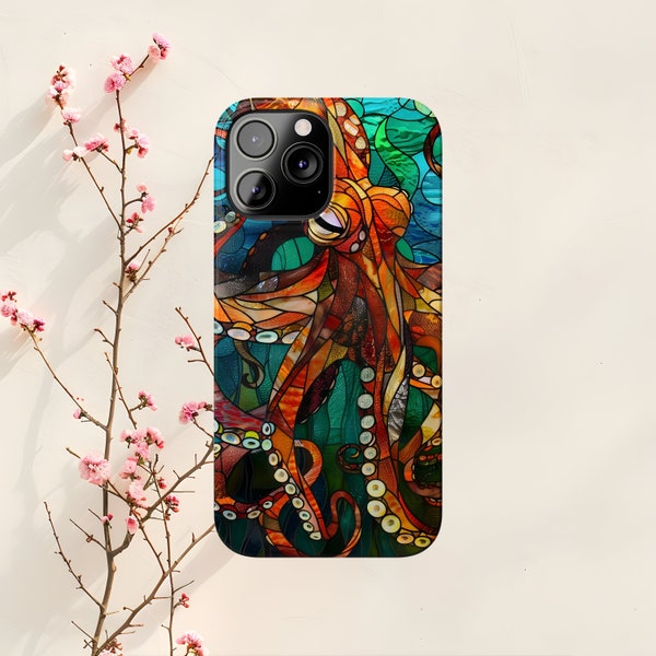 Stained Glass Octopus Pattern Digital Art Phone Case, Underwater Ocean Sea Life Aesthetic Design for iPhone 15 14 13 12 Pro Max Mini Plus