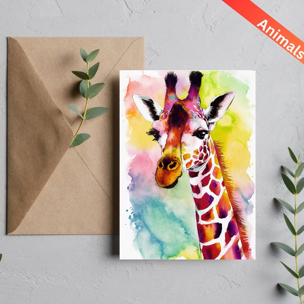 Vibrant Watercolor Giraffe Greeting Card, 5x7 Blank Card, Colorful Animal Art, Includes Brown Envelope, Perfect for Any Occasion