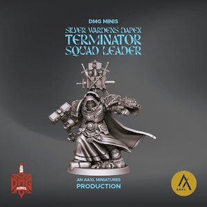 DMG Minis Grimdark Apex Terminator Squad Leader in Heavy Armor for Scifi wargames Proxy comes with textured Scenic base, Hammer, and Bolter