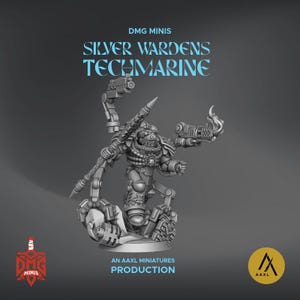 DMG Minis Grimdark Techmarine for Scifi wargames Proxy comes with textured Scenic base, Hammer, and Bolter