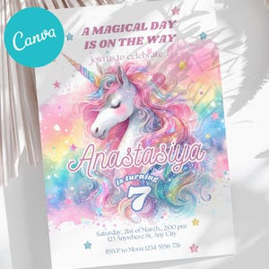 Unicorn Rainbow Girl Birthday Party Digital Invitation Template, Printable - Magical Unicorn Birthday Invitation – Canva Template