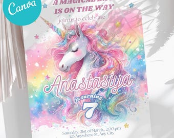 Unicorn Rainbow Girl Birthday Party Digital Invitation Template, Printable - Magical Unicorn Birthday Invitation – Canva Template