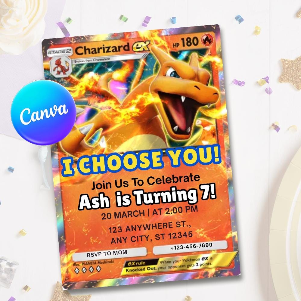 Pokemon Card Birthday Party Invite | Pokemon Birthday Invitation | Editable Canva Digital Template | Charizard Card Invite | Front & Back