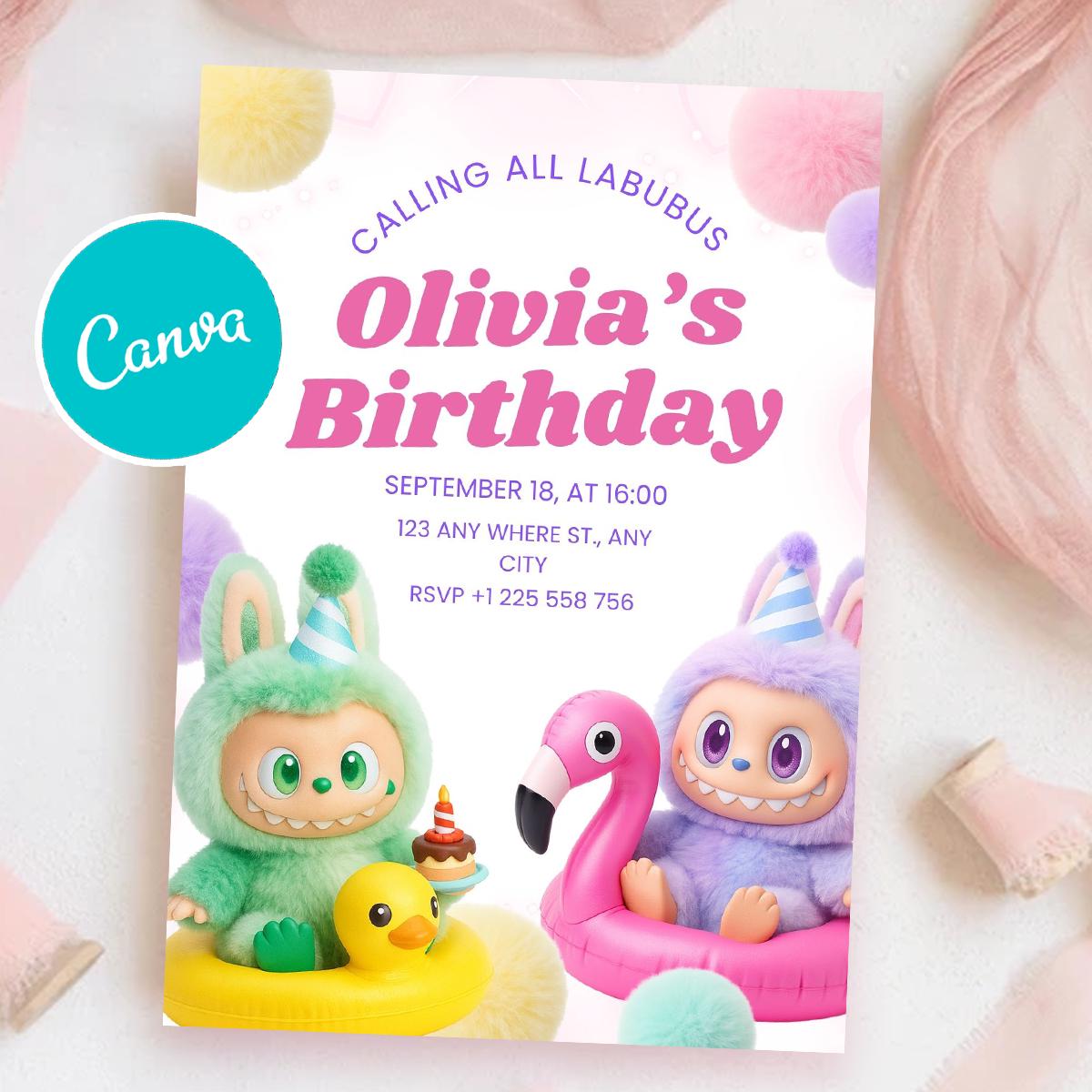 Sjabloon verjaardagsuitnodiging Labubu: pastelfeest, bewerkbaar canvasontwerp (digitale download)