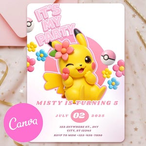 Invitación de cumpleaños de Pokémon / Invitación de cumpleaños de Pokémon / Plantilla digital editable de Canva / Invitación de tarjeta de Pikachu / Chicas lindas