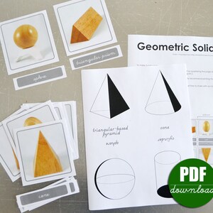 Download PDF stampabile digitale Schede in 3 parti della nomenclatura dei solidi geometrici e delle proiezioni Montessori