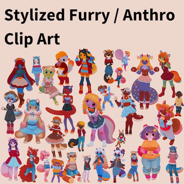 32 Furry Clip Art | Cute stylized women in different outfits | Anthro dragon cat seal lizard wolf otter skunk fox deer