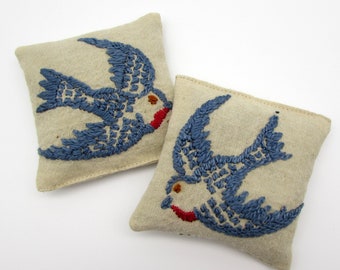 2 Blue Bird Dried Lavender Sachets - Bluebirds - Vintage Bird Gift - Vintage Embroidered Linens - drawer sachet - Bird Lover Gift