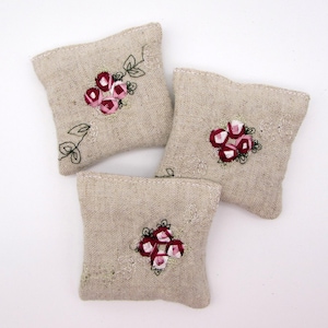 3 Dried Lavender Sachets - Embroidered Floral Sachets - Vintage Linens - Embroidery - linen look