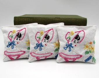 3 Dried Lavender Sachets - Southern Belles - Vintage Gift - Vintage Embroidered Linens - drawer sachet - ladies with bonnets