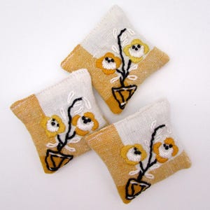 3 Dried Lavender Sachets - Orange Floral Embroidered Sachets - Vintage Linens - Embroidery - Small Gift for Her