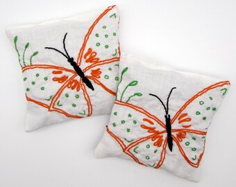 2 Large Dried Lavender Sachets - Orange Butterflies - Vintage Gardener Gift - Vintage Embroidered Linens - drawer sachet