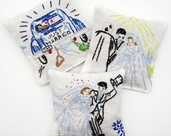 3 Dried Lavender Sachets - Wedding - Just Married - Vintage Embroidery - Bridal Shower Gift