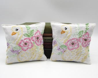 2 Large Dried Lavender Sachets - Swans - Vintage Gift Set - Vintage Embroidered Linens - drawer sachet - bird lover gift