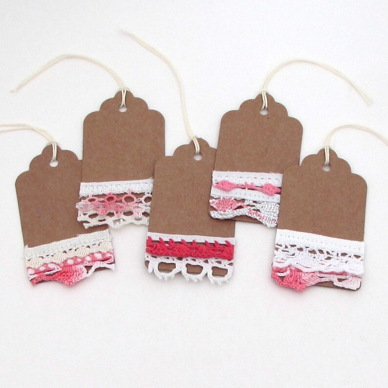 Hang Tags Valentines Day Mixed Media Tags 5 Shabby Pink Tags Vintage Lace Tag kraft lace rustic gift tag Vintage Tags
