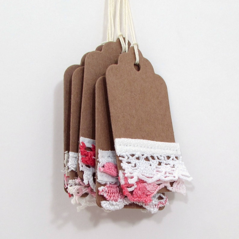 Hang Tags Valentines Day Mixed Media Tags 5 Shabby Pink Tags Vintage Lace Tag kraft lace rustic gift tag Vintage Tags