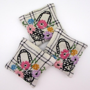 3 Dried Lavender Sachets - Flower Baskets Embroidered Sachets - Vintage Linens - Embroidery - Flower Girl Gift