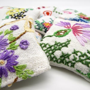 3 Dried Lavender Sachets Embroidered Sachets Stocking Stuffers Vintage Linens Embroidery Packaging Gift For Mom image 1