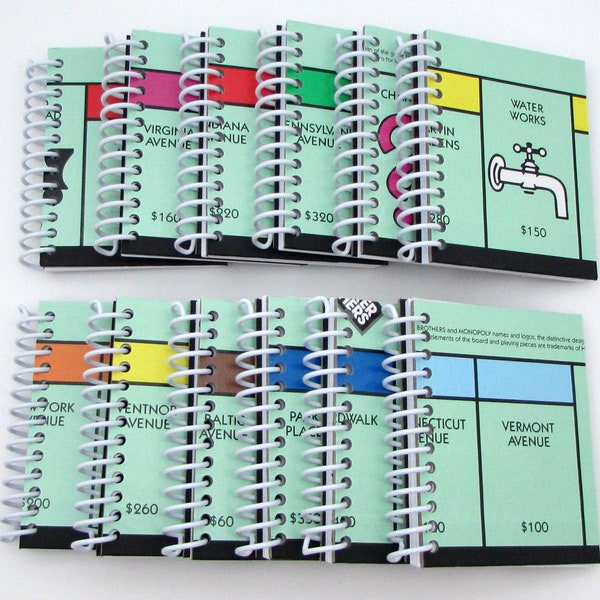 12 Recycled Mini Journal - Monopoly Notebook - Upcycled Notebooks - Spiral Notebook - Bulk Wholesale lot