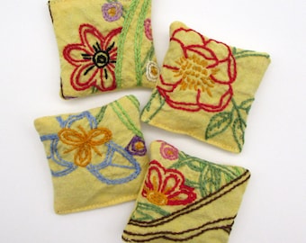 4 Dried Lavender Sachets - Yellow with Colorful Flowers - Vintage Embroidery - Embroidered Linen