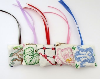 Hanging Lavender Sachets - Embroidered Sachets - Stocking Stuffers - Dried Lavender - Embroidery - Closet Sachet
