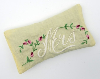 New Bride Dried Lavender Sachet - "Mrs" Vintage Embroidered Linen - drawer sachet - bridal wedding