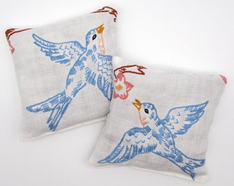 2 Large Dried Lavender Sachets - Bluebirds - Vintage Bird Gift - Vintage Embroidered Linens - drawer sachet - Bird Lovers