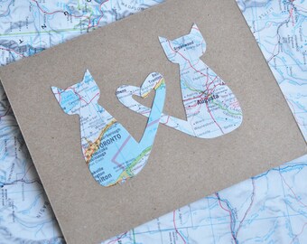 Personalized Card Cat Map Love Cats Distance BFF