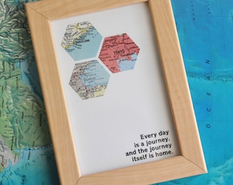 Gift for Traveler Study Abroad Personalized Map Art Framed Geometric Hexagon Recycled Maps