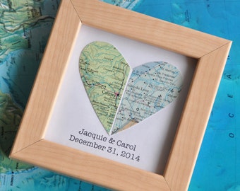 Gay Wedding Gift for Couple Map Heart Framed with Text