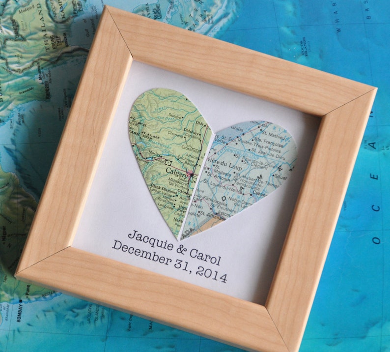 Gay Wedding Gift for Couple Map Heart Framed with Text zdjęcie 1