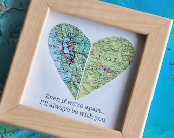 Gift for Him Long Distance Relationship Couple Map Heart Framed with Text